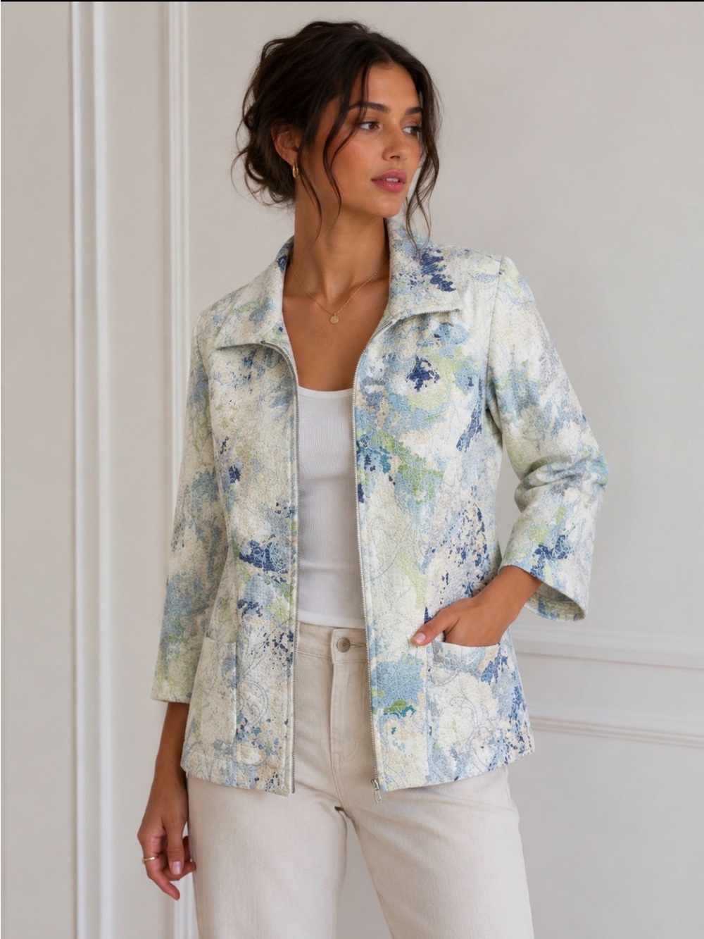 Coldwater Creek Blue & Cream Floral Zip Jacket,Size P8